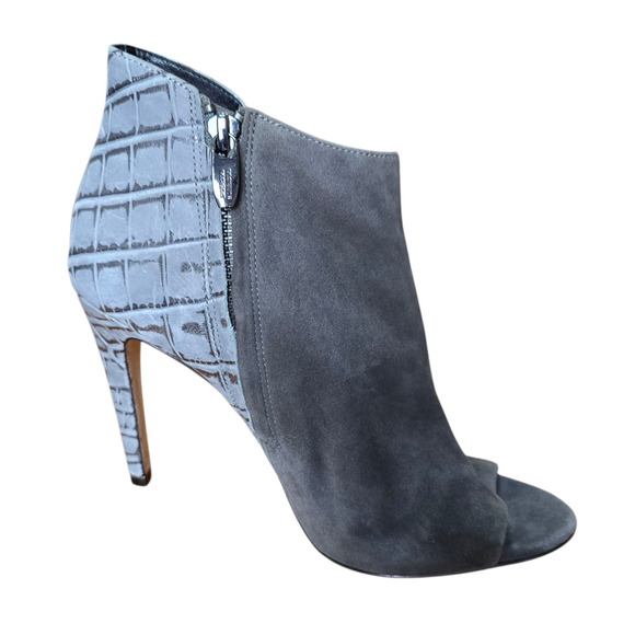 SIGERSON MORRISON Maitee Gray Suede Croc Print Open Toe Heels Booties 8B - Picture 1 of 9